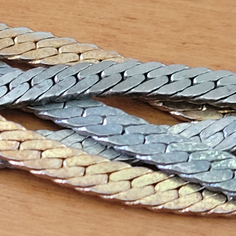 Vintage Tri Tone Herringbone Snake Chain Necklace Gold Silver Copper 25in 53g